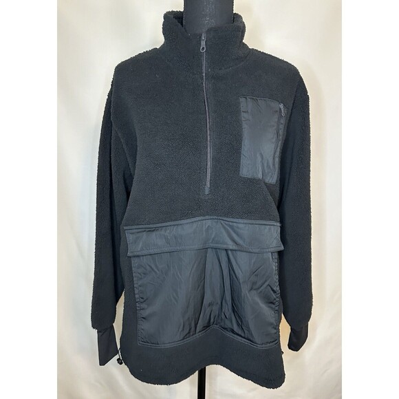 AERIE OFFLINE Black Sherpa Half Zip Oversized‎ Pocket Pullover Sweater SMALL NWT - Picture 1 of 12